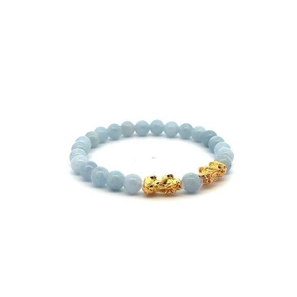 18K Gold Dragon Pixiu Double Piyao Charm Bracelet Gemstone March Birthstones 6mm - Picture 7 of 8